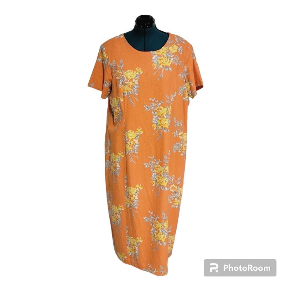 Adolfo Studio Vintage Linen Blend Maxi Dress Floral Print Orange Plus Size 22WP